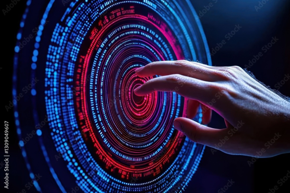 Poster Technology abstract background with person hand touching complex circular diagram on virtual screen with copyspace, innovation, network, big data and internet concept