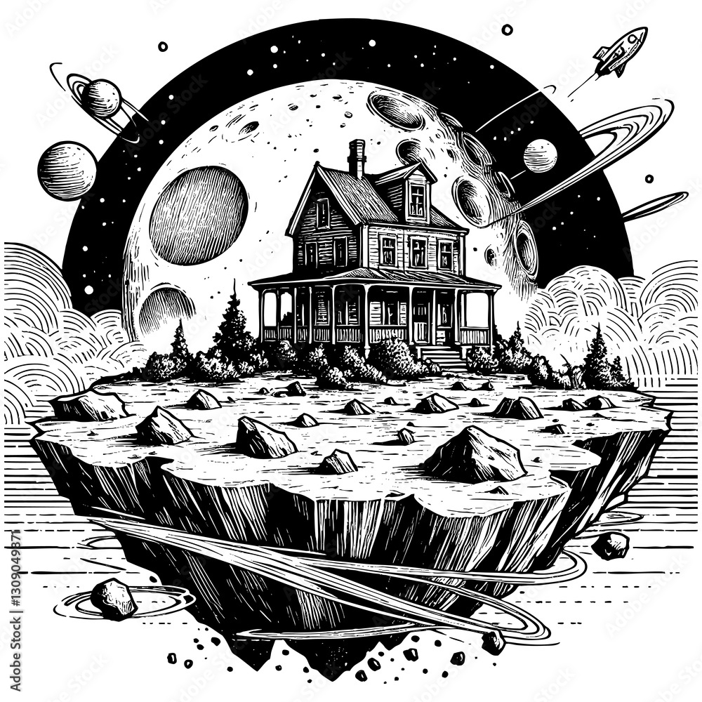 Poster house perched on a floating asteroid, surrounded by planets and celestial objects in outer space ske