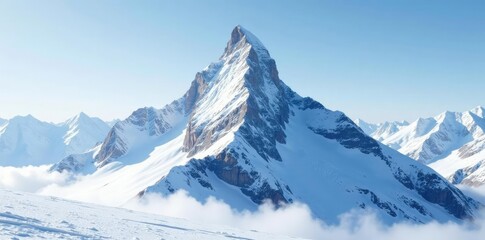 A solitary mountain peak rising from a snowy landscape, peak, snow