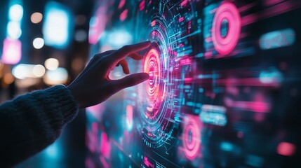 Close-up of a hand interacting with a futuristic, holographic interface.  Vibrant neon colors illuminate the technological display.
