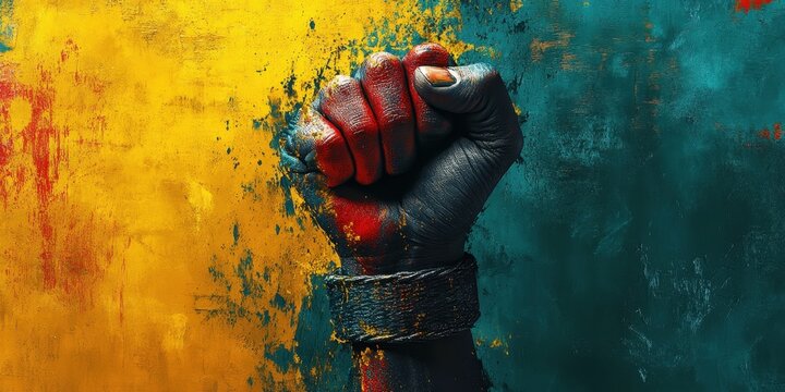 Powerful Symbol of Resistance and Unity: A Fist Raised Against Oppression with Vibrant Colors