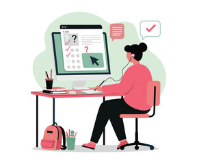 Student Confidently Taking Online Test – Flat Vector Illustration
