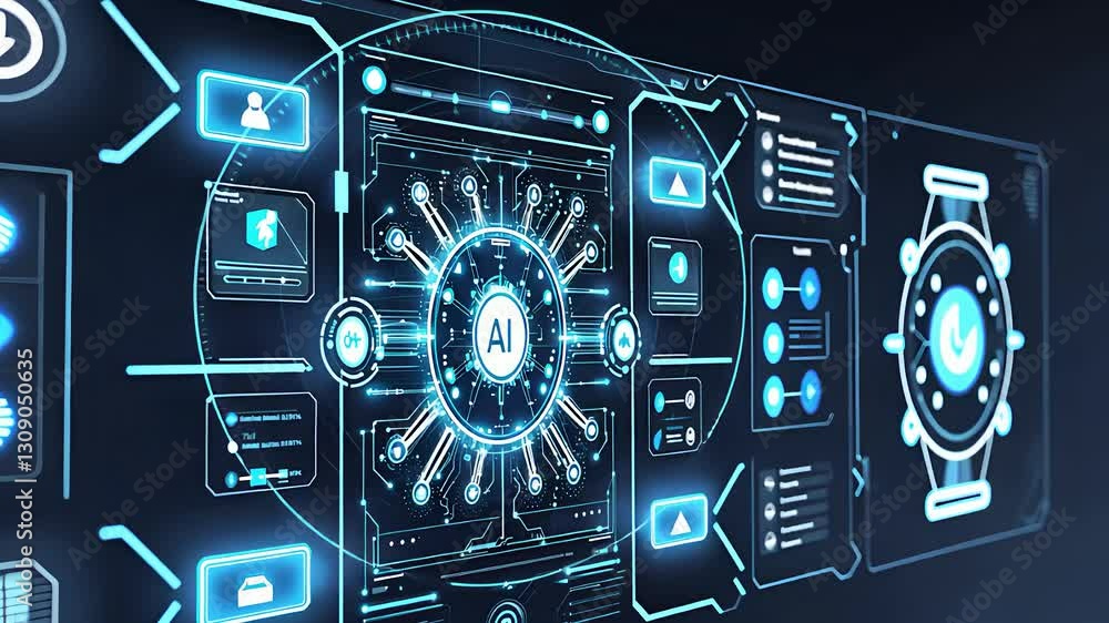 Aufkleber futuristic ai interface with advanced digital touchscreen display and glowing blue holographic cyber