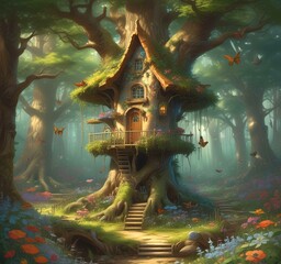 Fototapeta premium Illustration of goblin house in green forest.