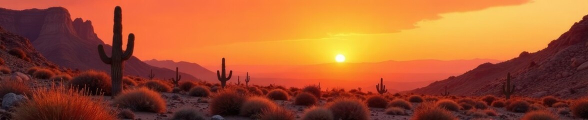 Cactus and rocky hills in a desert landscape under a vast orange sky, landscape