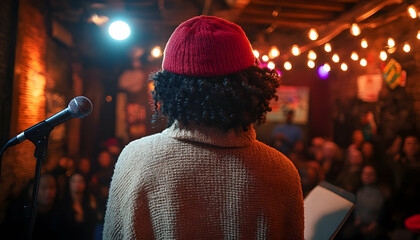 Focused performer at stand-up comedy club sharing life experiences