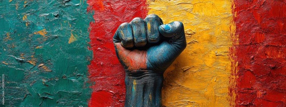 Poster vibrant representation of resilience and unity through fist raised against colorful background