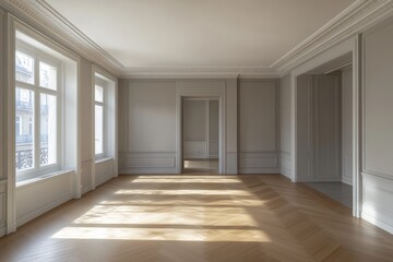 Modern living room interior featuring three white windows and light gray walls with parquet flooring