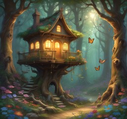 Fototapeta premium Illustration of goblin house in green forest.