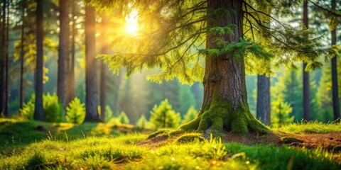 Obraz premium A lone summer tree stands tall, a close-up of forest life, deep focus revealing spruce, birch, oak, and pine.