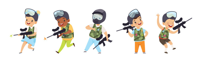 Little Boy and Girl Paintball Players Wearing Masks and Vests Aiming with Gun Vector Set