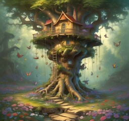 Fototapeta premium Illustration of goblin house in green forest.