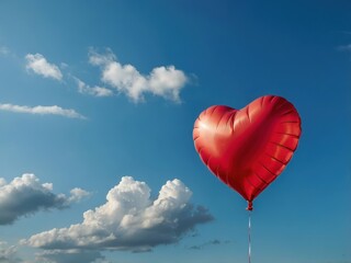 Fototapeta premium Red Heart Balloon in Blue Sky: Romantic Love Symbol for Valentine's Day Celebration and Party Decoration