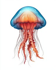 A vibrant jellyfish illustration showcasing colorful tentacles and a glowing bell in an underwater scene.