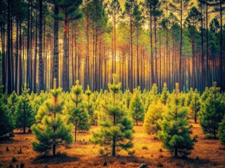 Fototapeta premium Ancient trees loom over a young pine plantation, captured in vintage forest photography.