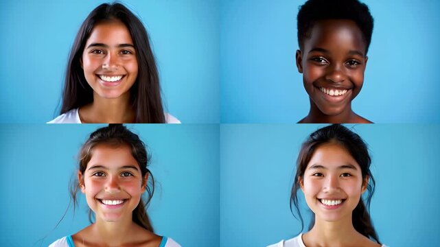 Collage of smiling adolescent girls of different ethnicities on blue background, equality and inclusion concept