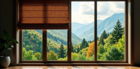 Deep brown roman blind against panoramic forest and mountain vista , interior design, house