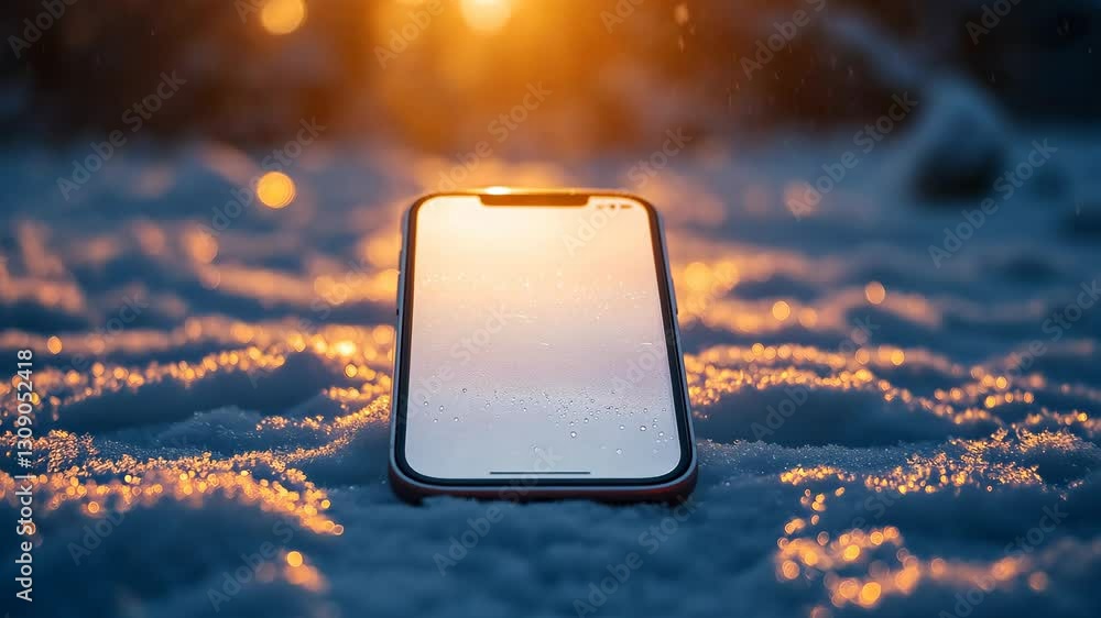 Poster cell phone is sitting on top of a pile of snow. the phone is turned off and the screen is blank. con
