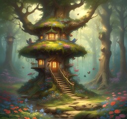 Obraz premium Illustration of goblin house in green forest.