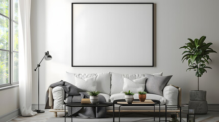 A sizable empty framed canvas hanging on the wall of a minimalist living room.