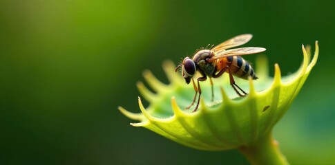 Naklejka premium Fly caught in Venus flytrap's modified leaves with sticky substance, bug, entrapment, carnivore