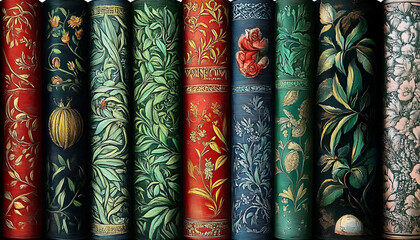 A collection of vintage floral patterned antique books, evocative design