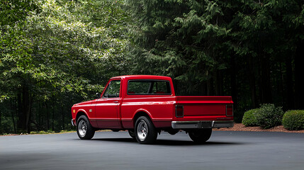 Fototapeta premium Red Classic Pickup Truck Parked On Asphalt Road In Front Of Forest During Daylight