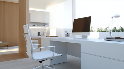 A modern home office with a sleek computer setup on a minimalist desk. Bright natural light fills the room, creating a clean and inspiring workspace.