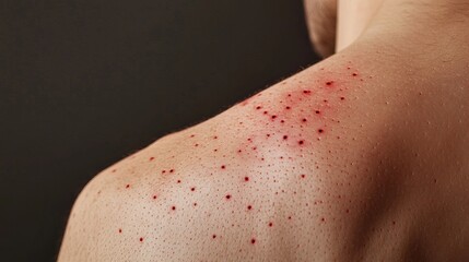 Fototapeta premium Closeup Detailed Image of Human Skin with Numerous Small Red Spots and Blemishes Detailed Medical Dermatology Texture Background body rash hair real 