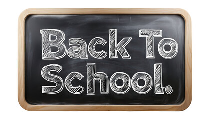Blackboard with Back to School text written in white chalk, featuring a classic wooden frame. Perfect for educational themes and school promotions. Isolated on transparent background, PNG.