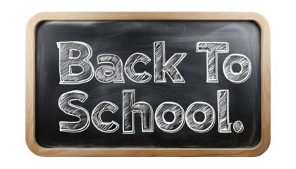 Blackboard with Back to School text written in white chalk, featuring a classic wooden frame. Perfect for educational themes and school promotions. Isolated on transparent background, PNG.