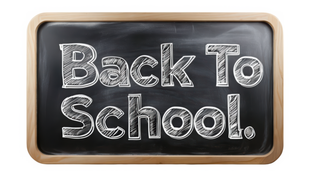Blackboard with Back to School text written in white chalk, featuring a classic wooden frame. Perfect for educational themes and school promotions. Isolated on transparent background, PNG.