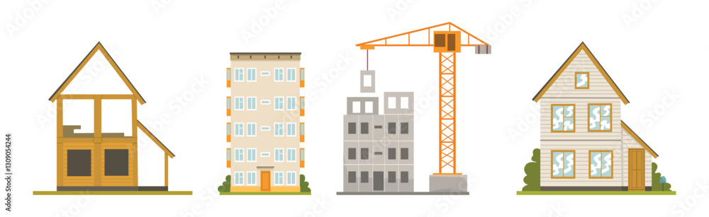 Poster construction and buildings project and site with structure vector set