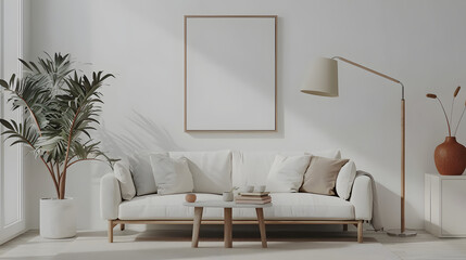 A sizable empty framed canvas hanging on the wall of a minimalist living room.