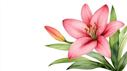 Fototapeta premium Watercolor lily clipart, white background, clean lines, hyperrealistic watercolor painting, high resolution
