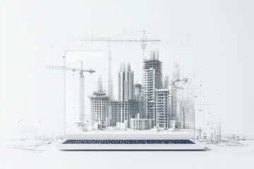 Obraz premium 3d illustration of laptop displaying construction plans and blueprints on a white background
