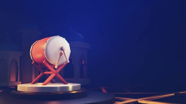 3D animation of a traditional Bedug drum being played, symbolizing the celebration of Eid al-Fitr. The drum beats rhythmically, often used to announce prayer times and festivities in Islamic culture.