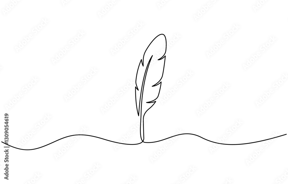 Poster continuous one line drawing of bird feather isolated on white background, bird feather continuous on