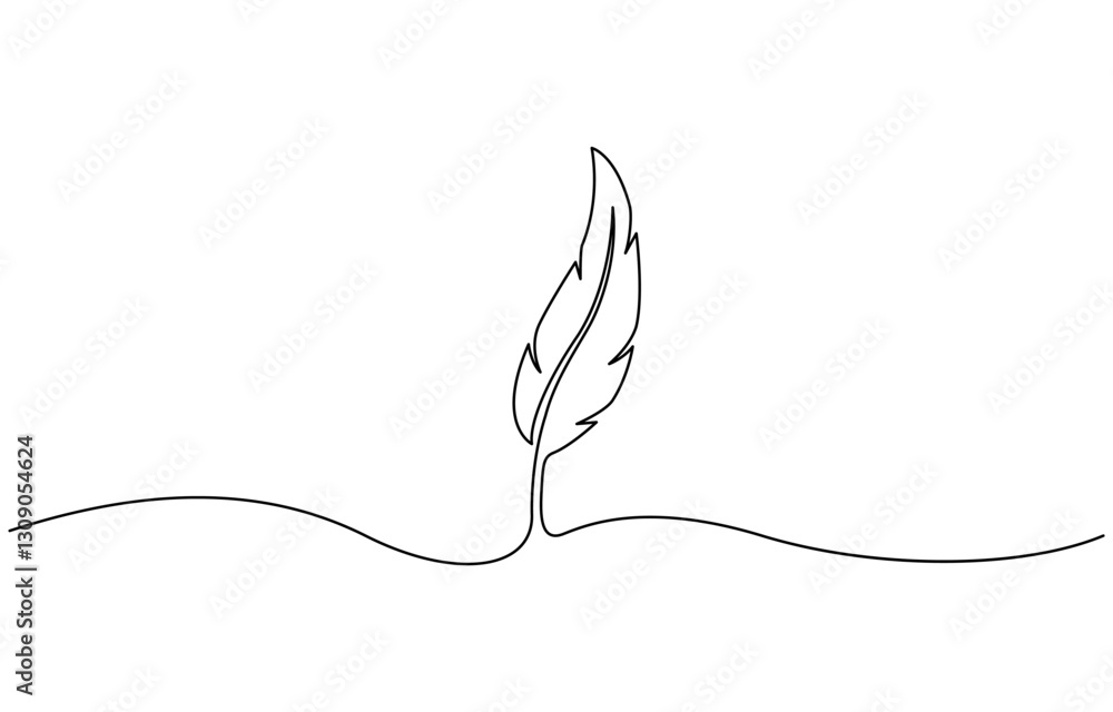 Poster continuous one line drawing of bird feather isolated on white background, bird feather continuous on