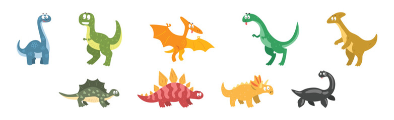 Funny Dinosaur Animal and Prehistoric Beast Vector Set