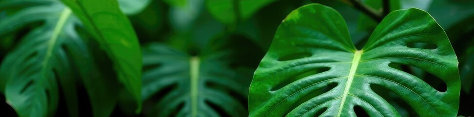 Large leaves with holes and splits on a dark green plant stem, rainforest, greenery, botany
