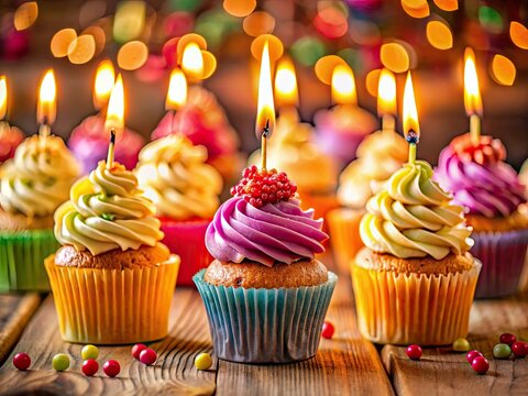 Candlelit number 729 cupcakes, sharply focused, celebrate a milestone birthday.