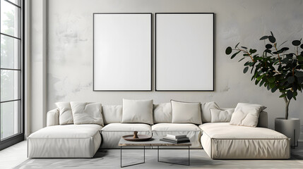 A sizable empty framed canvas hanging on the wall of a minimalist living room.