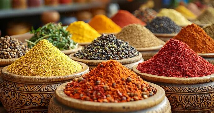 Colorful Spices and Herbs in Wooden Bowls at a Market