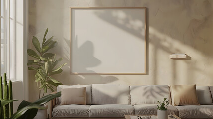 A sizable empty framed canvas hanging on the wall of a minimalist living room.