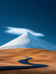 Mountain peak stands majestically above a winding road in a beautiful landscape during clear weather