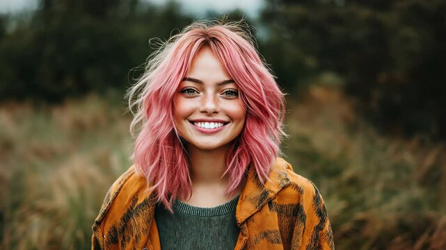 A plus-sized girl with pink hair is joyfully grinning in the outdoors.