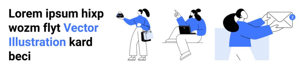 Three characters engage in tasks thumbs up product pickup, laptop use, and email delivery. Ideal for workplace, collaboration, productivity, communication, business, creativity flat landing page