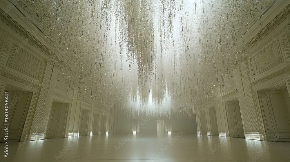 Poster an artistic installation of cascading strands in a bright open space