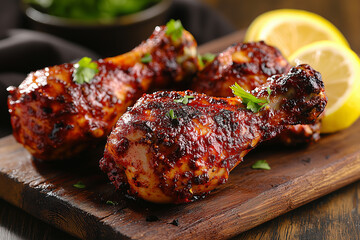 Juicy grilled chicken drumsticks served with fresh lemon slices and garnished with herbs